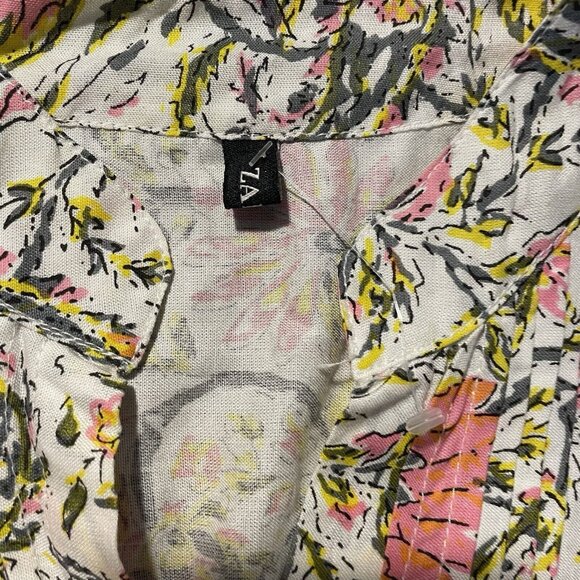 ZARA Tunic Dress Womens Medium Pink Floral Paisley V Neck Tie Waist Cottagecore - Picture 3 of 6